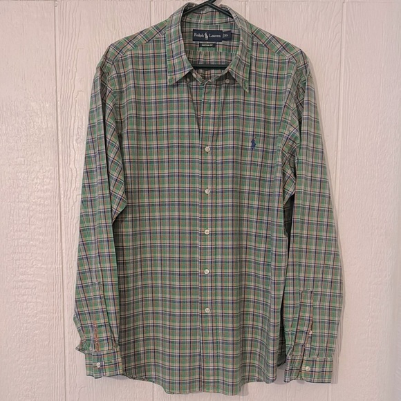 Ralph Lauren Custom Fit Plaid Shirt XL – Green & Navy with Orange - Picture 3 of 6